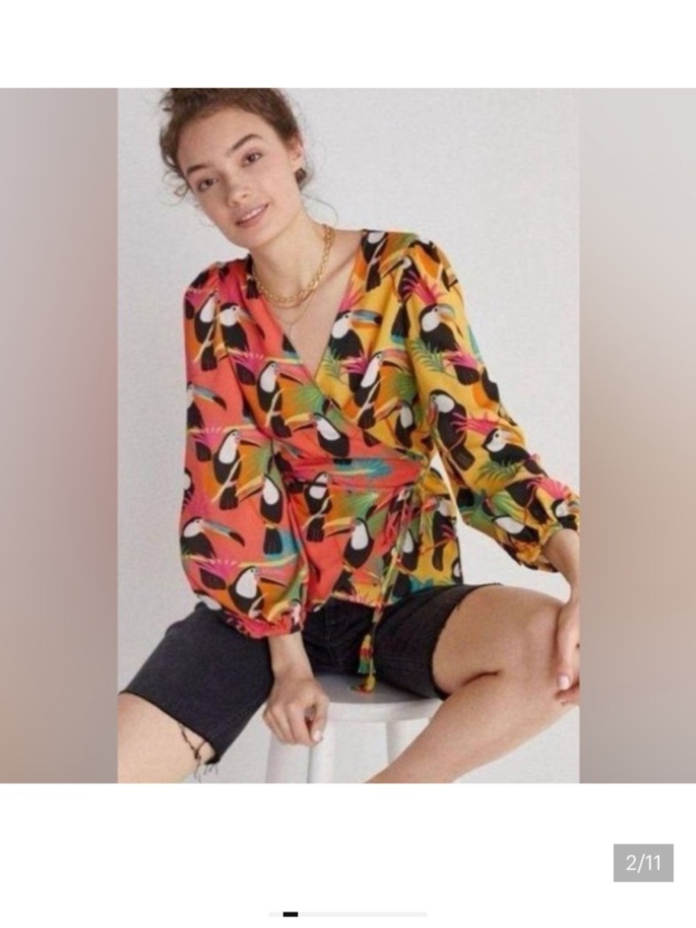 FARM Rio Coral & Yellow Toucan Wrap Blouse with Tie Waist